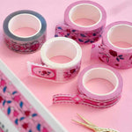 White and pink washi tapes with red roses, green leaves, birds and hearts.