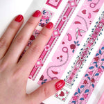 White and pink washi tapes with red roses, green leaves, birds and hearts.