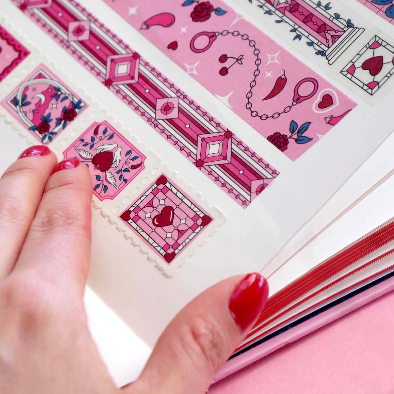 White and pink washi tapes with red roses, green leaves, birds and hearts.