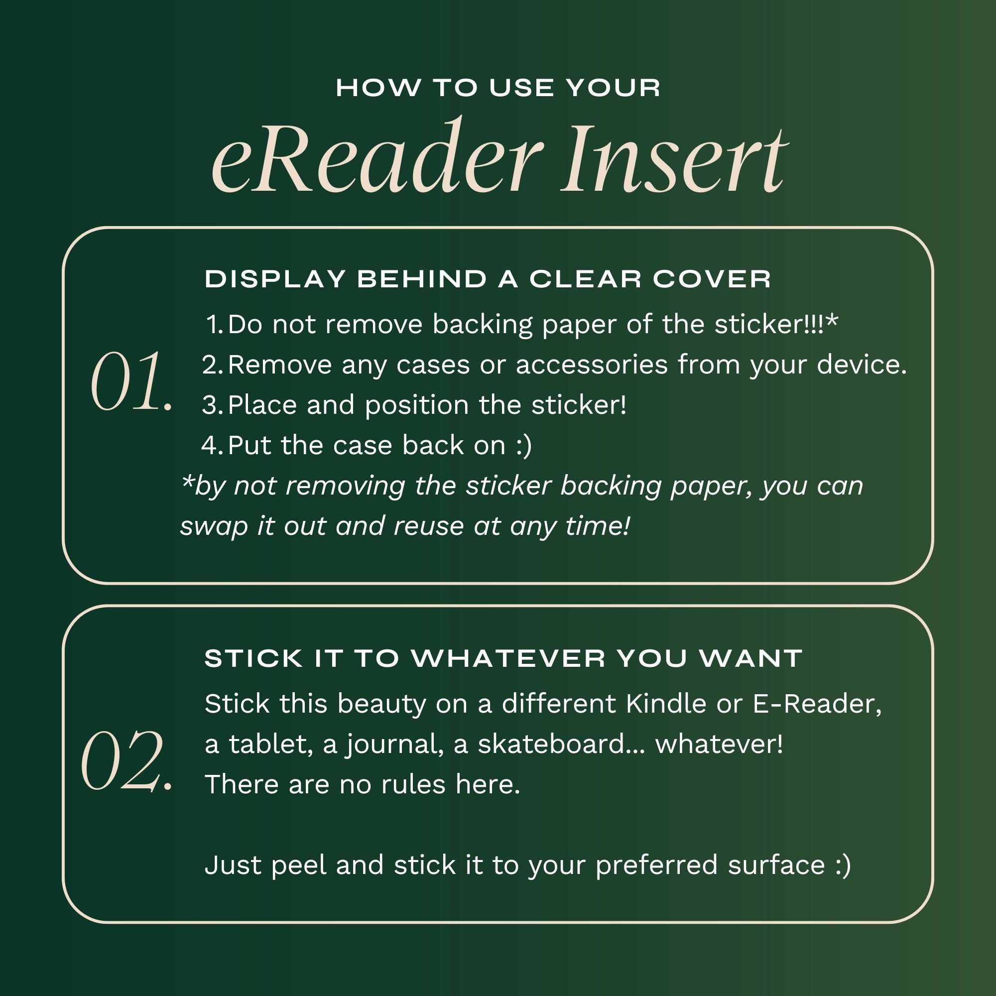 A graphic detailing how Kindle Insert Stickers should be applied and can be used (full details are in the 'use' section of this listing)