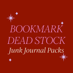 Text 'BOOKMARK DEAD STOCK Junk Journal Packs' on a red background with decorative elements.