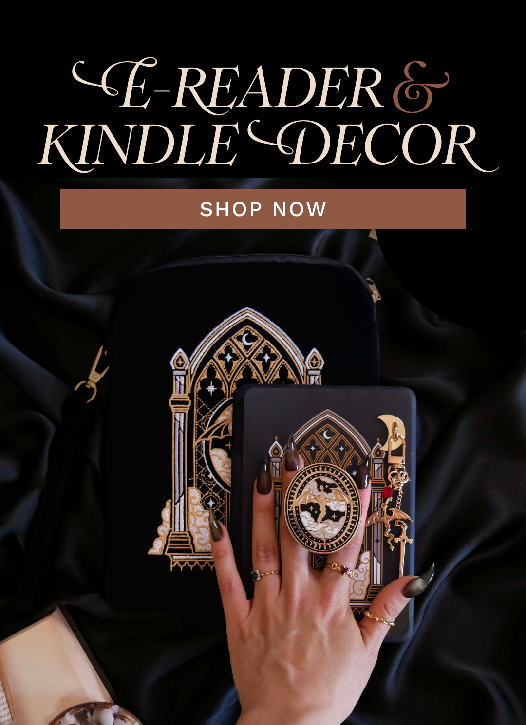 A graphic advertising the new The Quirky Cup Collective eReader decor release showcasing the Dragon kindle decor bundle. The graphic showcases intricate serif typography.