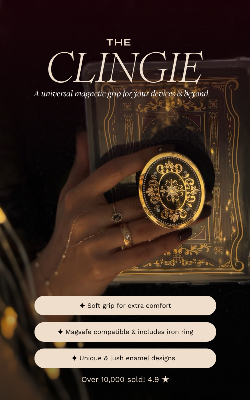 A graphic for the clingie, a unique pop socket magsafe grip for completing a unique kindle decor or whimsical eReader design