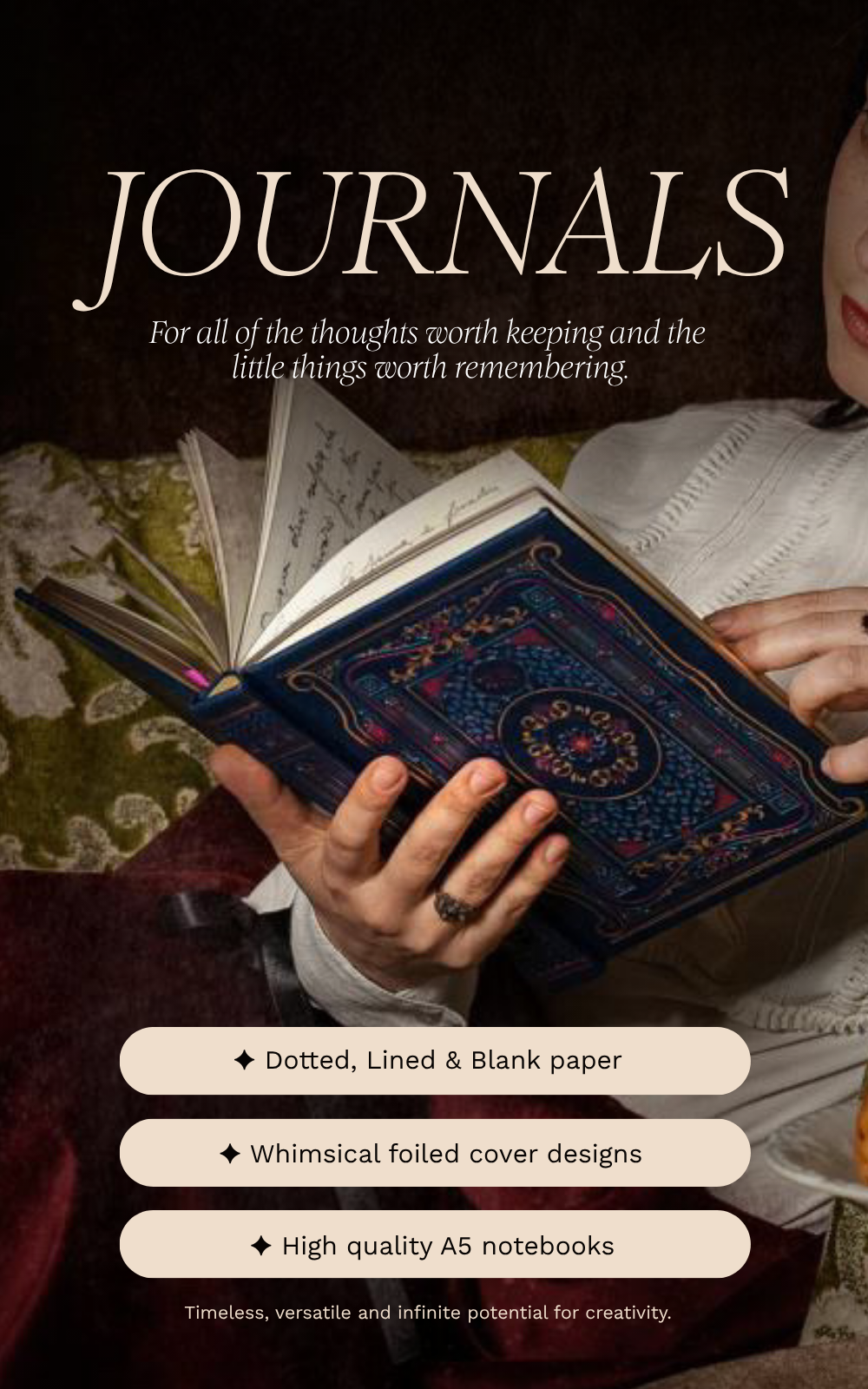 Graphic for the premium foiled journal collection, the perfect classic notebook for romantasy journal aesthetic