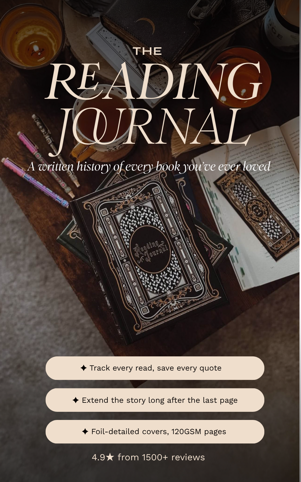 Graphic for the boutique foil reading journal collection, a staple for romantic journal aesthetic