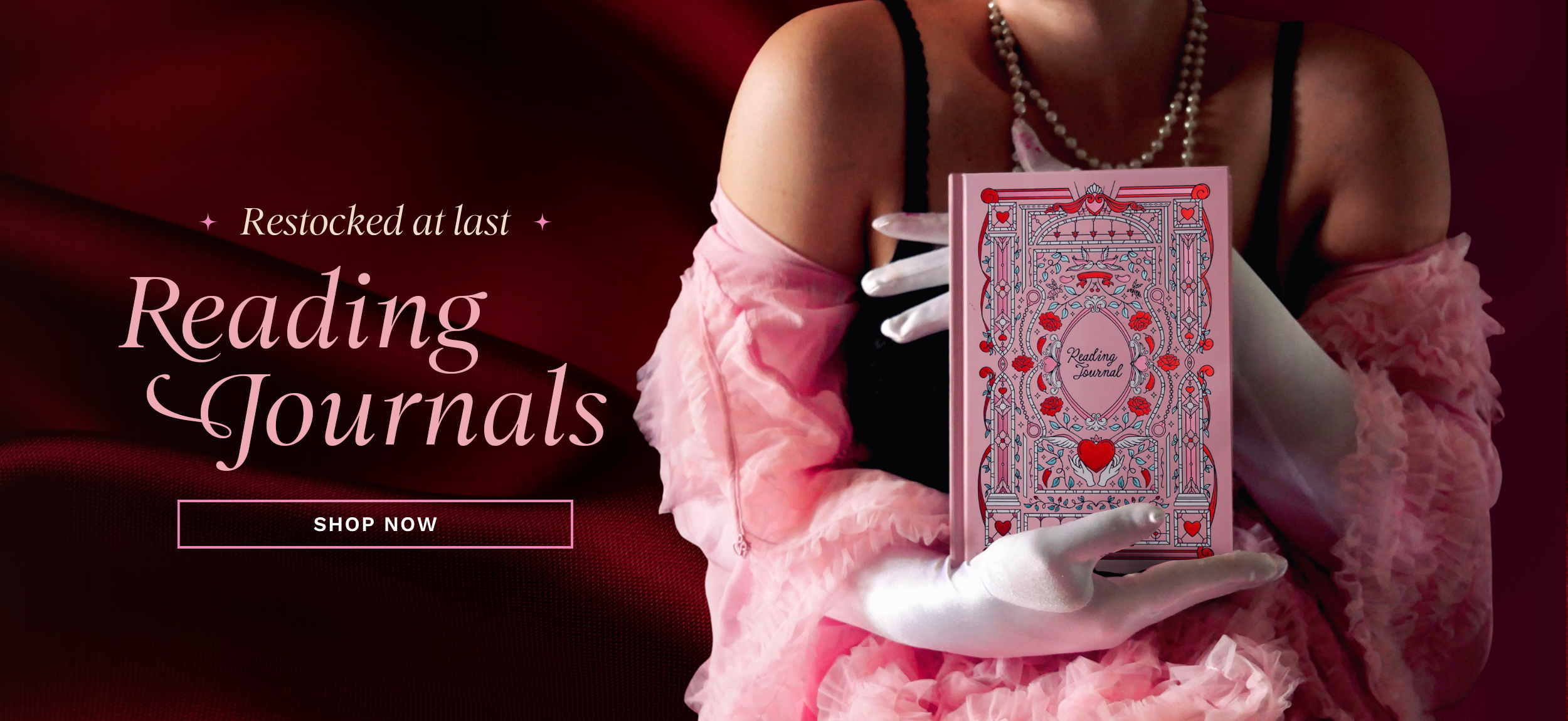 Promo image for the reading journal restock featuring the Sugar & Spice ornate foil reading journal.