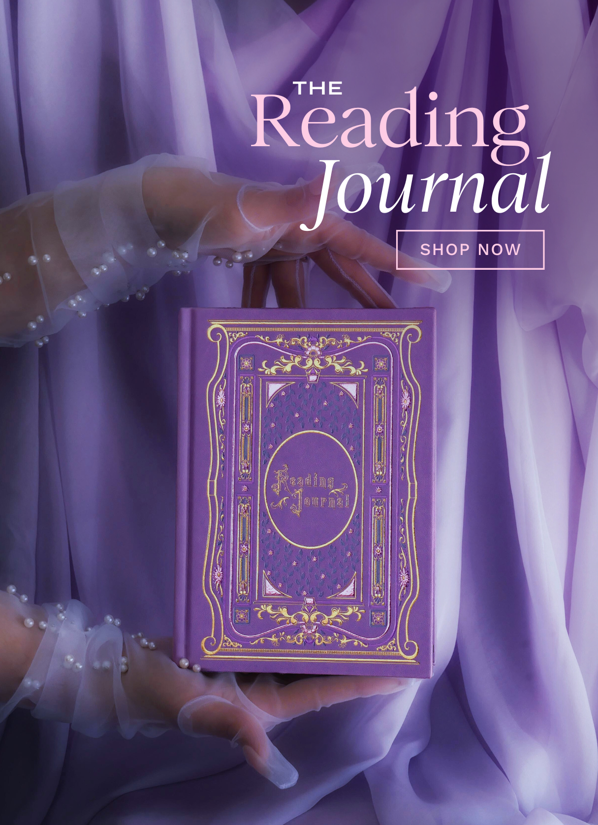 A graphic advertising The Quirky Cup Collective romantasy inspired reading journals. This image shows the Wisteria journal in a lilac colour, the gold and purple foil detailing highlighting the classic victorian inspired illustration style. The journal sits in a drapey purple backdrop surrounded by pearls