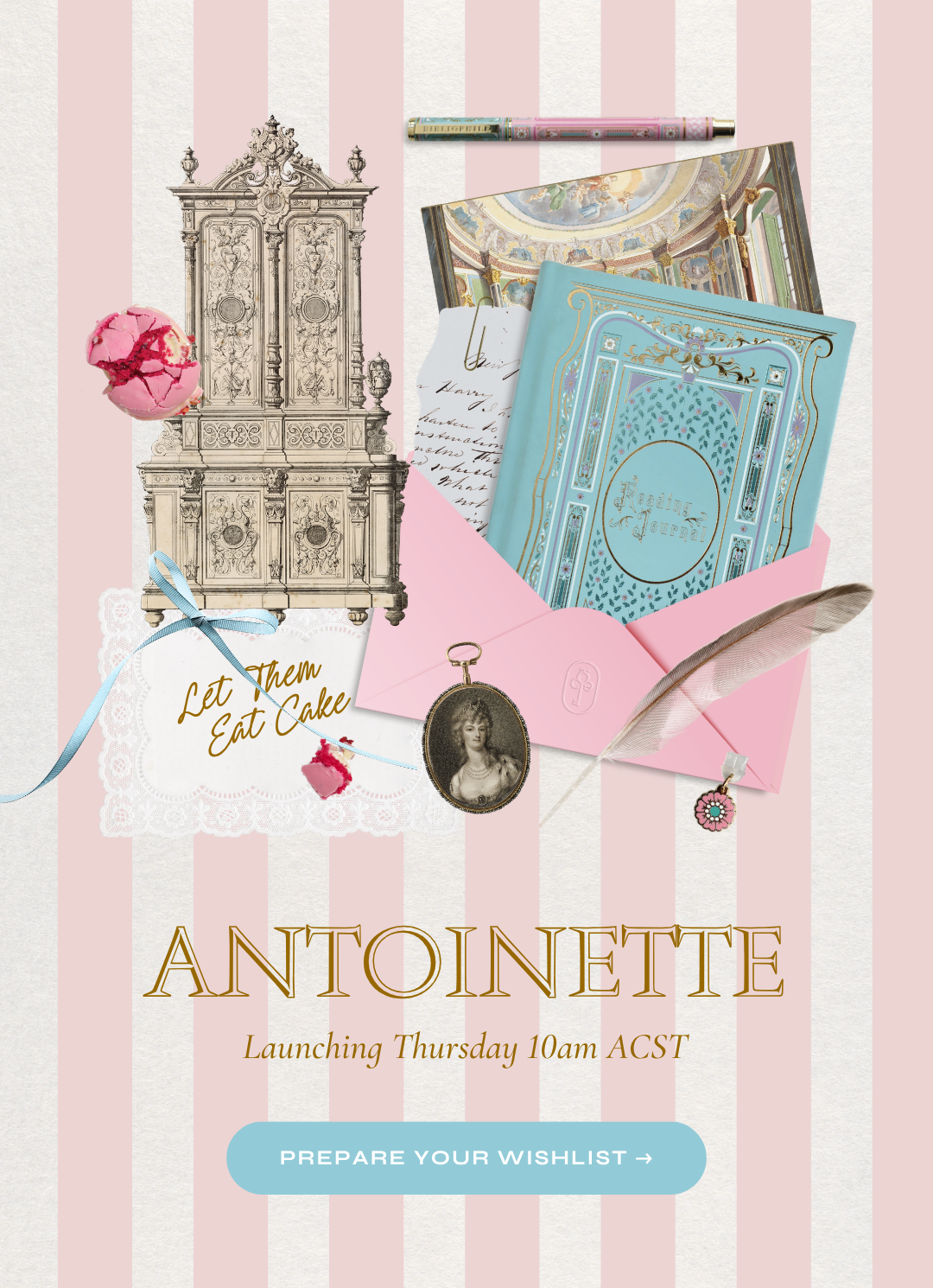 Promo graphic for the launch of the Antoinette collection, a range of french inspired stationery and classic book aesthetic goods in shades of aqua, pastel pink and gold.