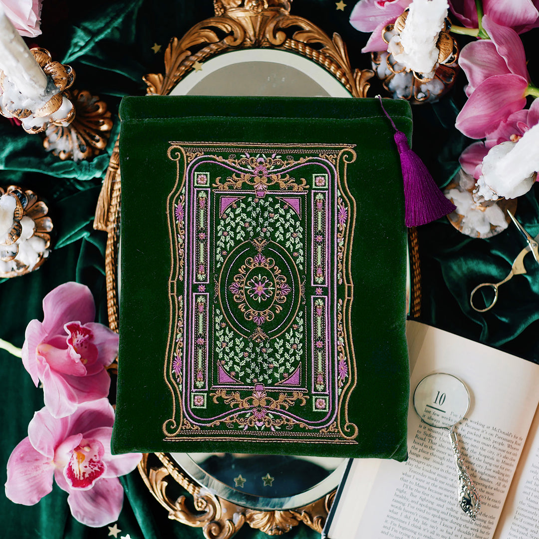 Once Upon a Time - Embroidered green velvet - Book & iPad sleeve - The Quirky Cup Collective