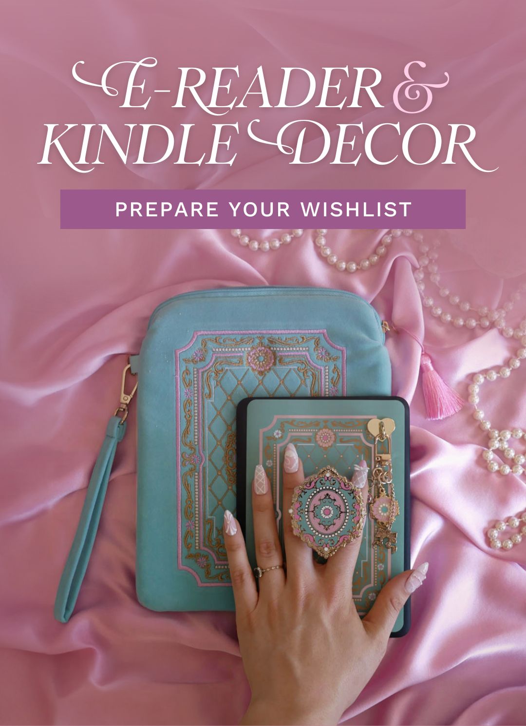 Banner artwork for the upcoming kindle decor release by The Quirky Cup Collective. The 'coming soon' artwork features the Antionette e-reader decor bundle in shades of mint green and pink with an e-reader case, clingie, kindle insert sticker and charmlet being held by a hand. The collection is inspired by a french aesthetic so features floral and frame-style illustrations