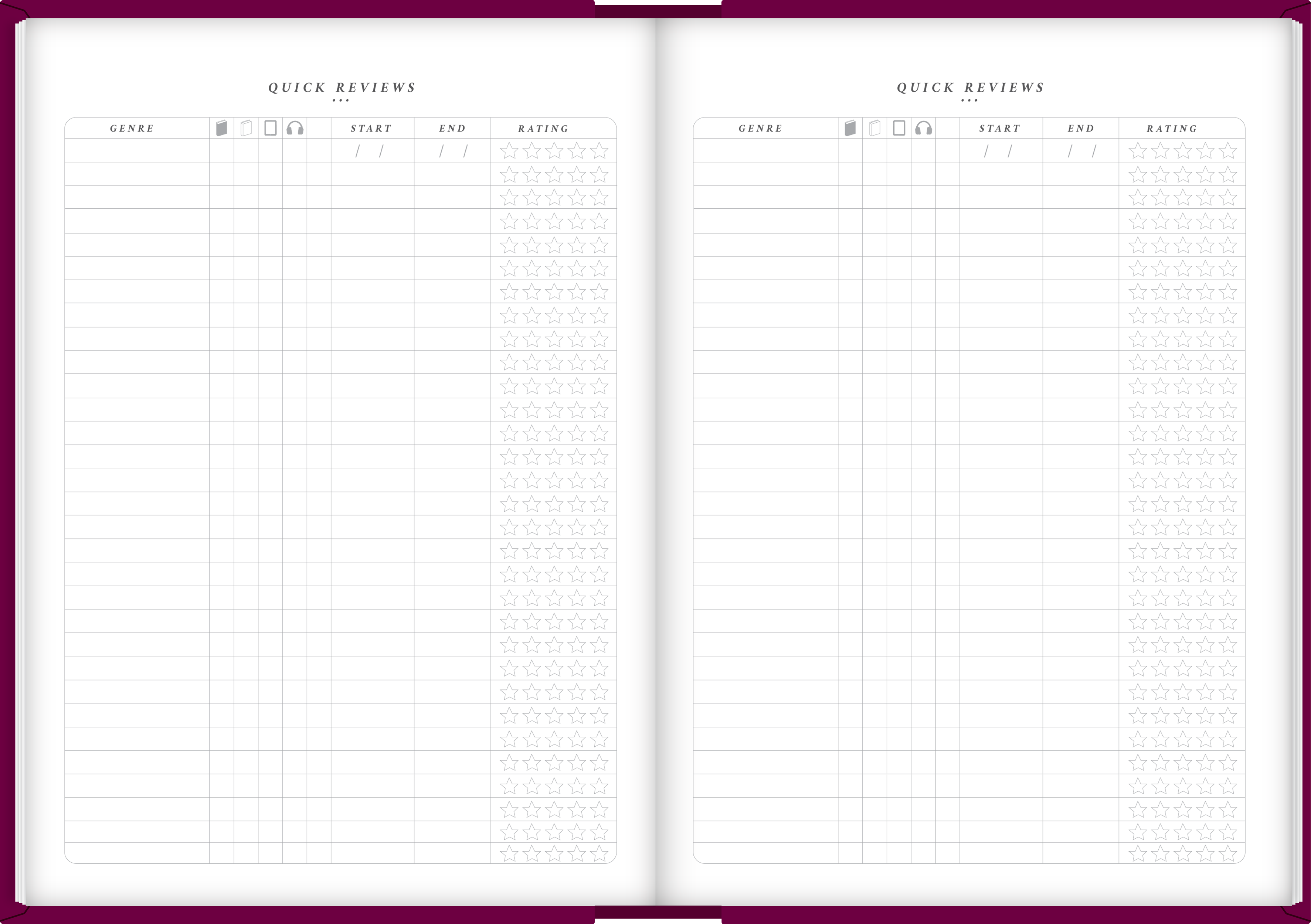 An example spread from a The Quirky Cup Collective Reading Journal- this page showing the reviews and 'TBR' sections
