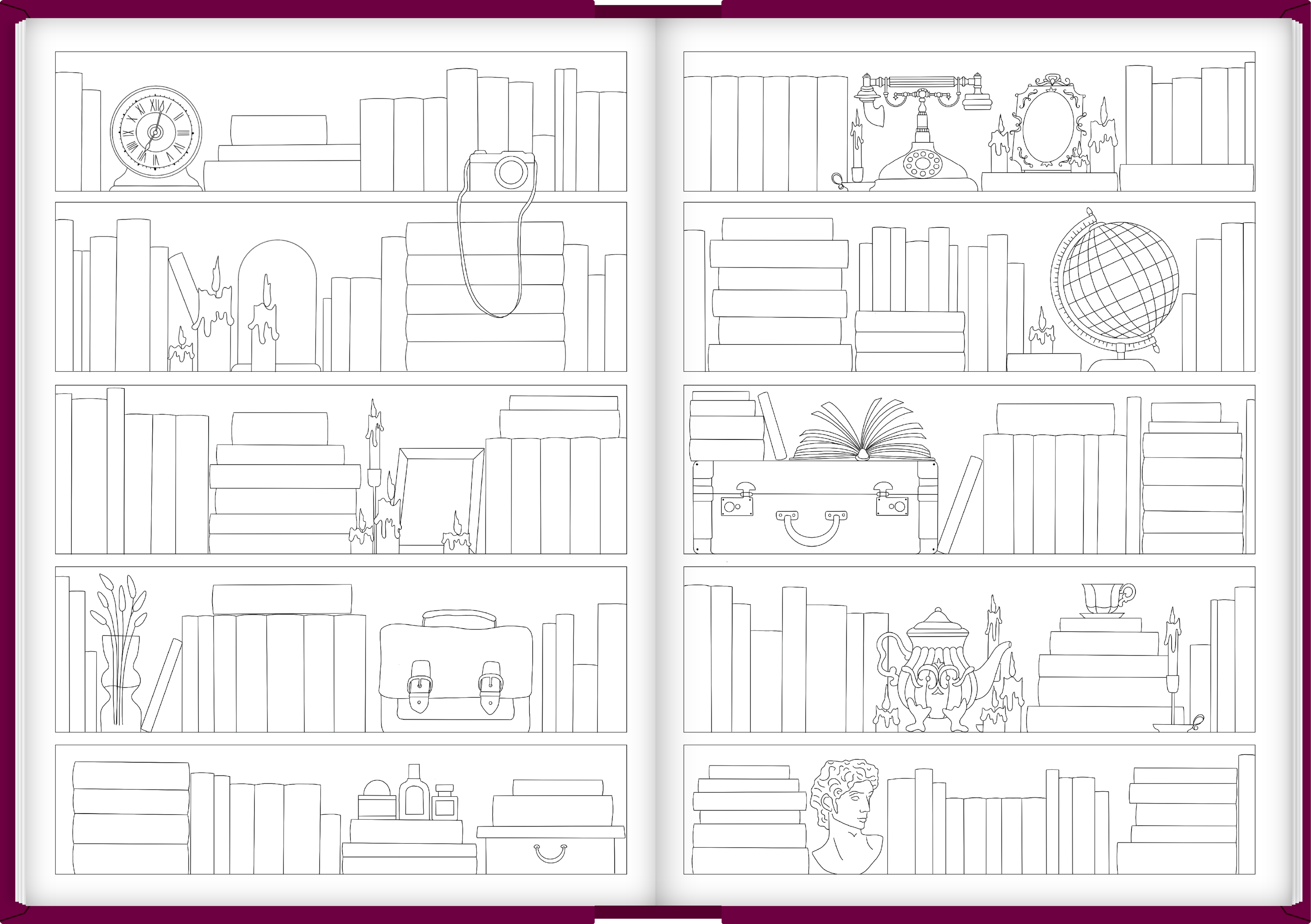An example spread from a The Quirky Cup Collective Reading Journal- this page shows some of the 'fill in bookshelf' spreads