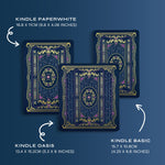 A graphic that compares the sizing of Kindle Insert Stickers for the Paperwhite, basic and Oasis models. 