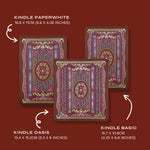 A graphic that compares the sizing of Kindle Insert Stickers for the Paperwhite, basic and Oasis models. 