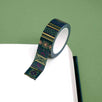 Roll of green washi tape with dark pink flowers, light green leaves and gold foil