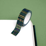 Roll of green washi tape with dark pink flowers, light green leaves and gold foil