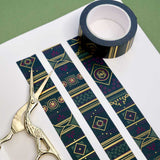 Green washi tape with dark pink flowers, light green leaves, diamonds, filagree and gold foil
