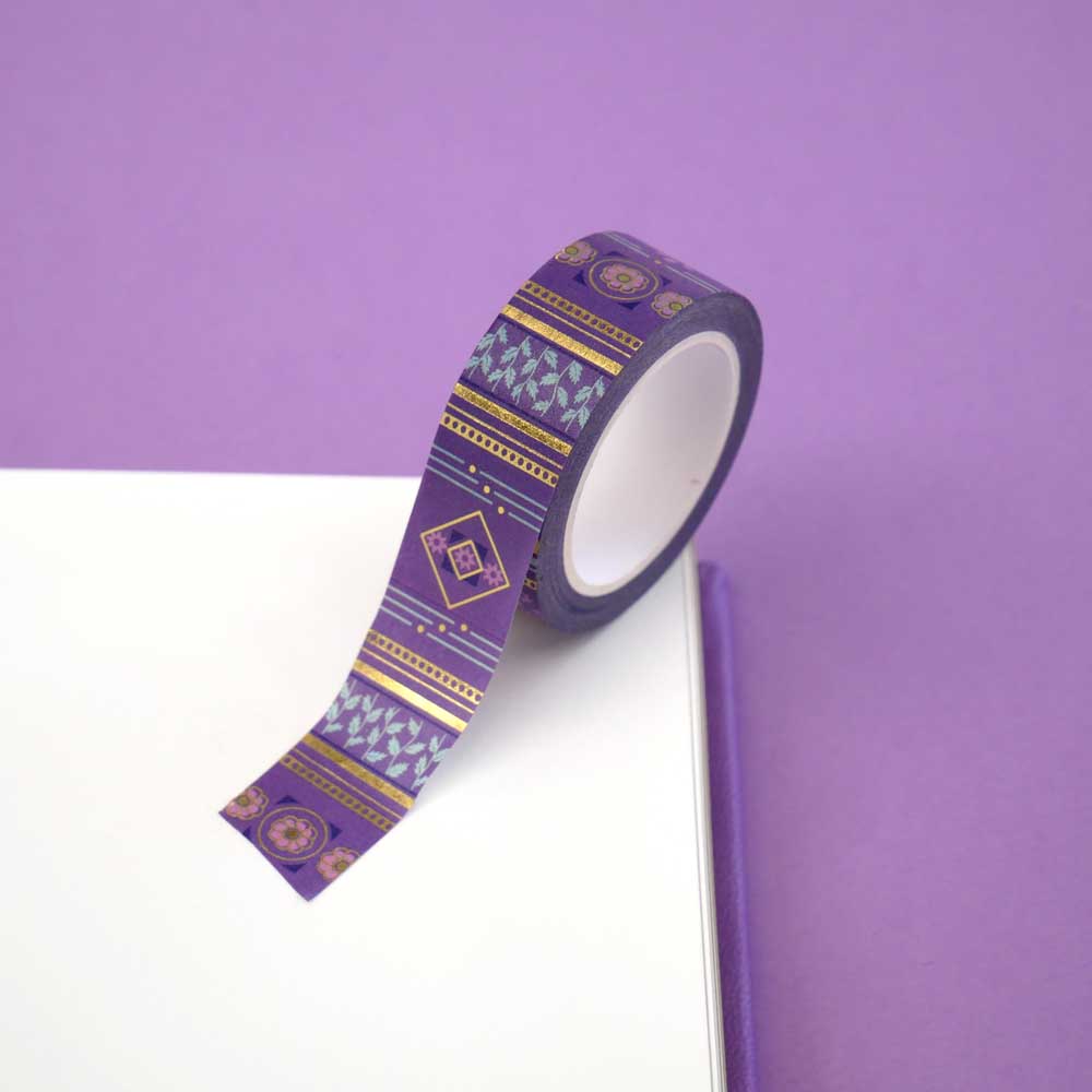 Purple washi tape with pink flowers, blue leaves, diamonds and gold foil