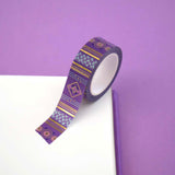 Purple washi tape with pink flowers, blue leaves, diamonds and gold foil