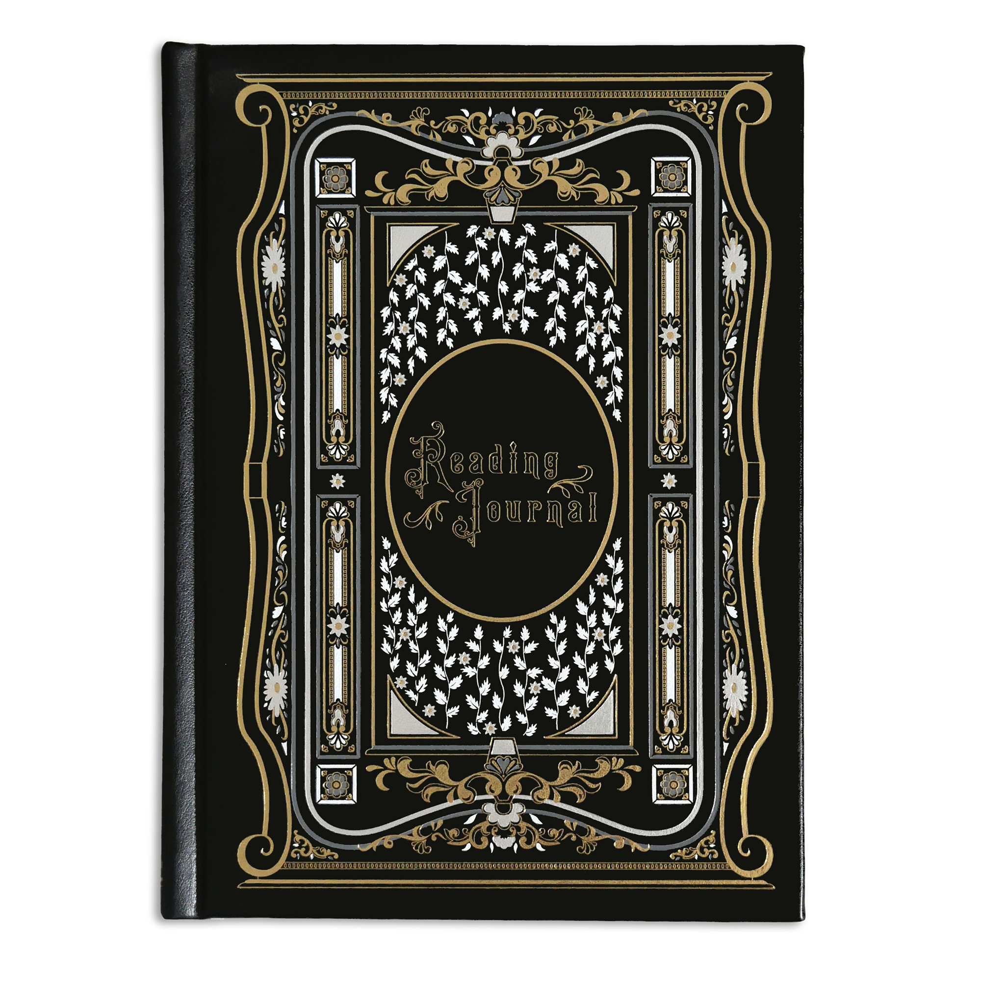 A deep-etched image of a Quirky Cup Collective reading journal in Black. The journal features a vaguely victorian, classic-style aesthetic with intricate floral motifs in shades of cream, white and gold and the word 'Reading Journal' in intricate type on the front.