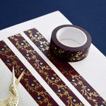 Red washi tape with blue flowers and gold foil foliage