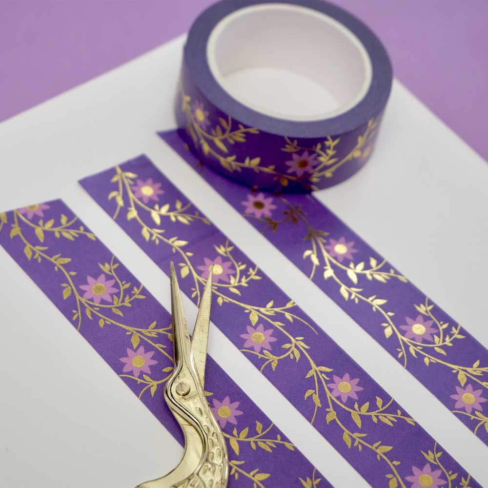 Purple washi tape with pink flowers and gold foil foliage