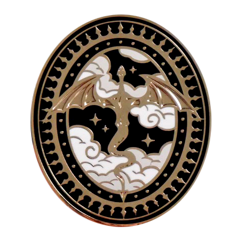 The Quirky Cup Collective dragon rider kindle grip (similar to an enamel pop socket, also known as a clingie!) features a gold dragon motif flying through the sky and is surrounded by black and gold detailing.