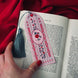 The Everything Nice bookmark is arched in shape and in a light pink colour and features an intricate stained glass inspired design with rose motifs. The bookmark is held in front of a classical book on a red background and features a teal tassel.