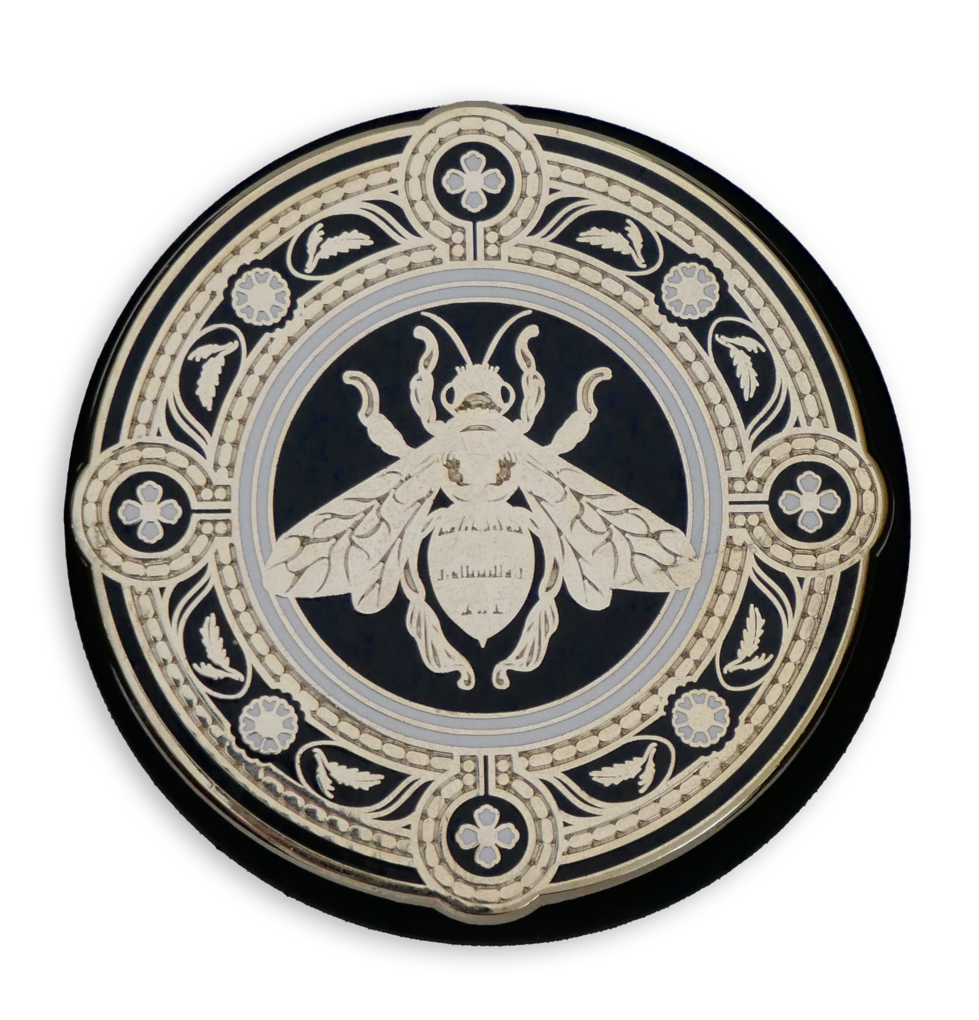 The Quirky Cup Collective honey bee kindle grip (similar to an enamel pop socket, also known as a clingie!) features a gold bee motif and is surrounded by black and gold floral detailing.