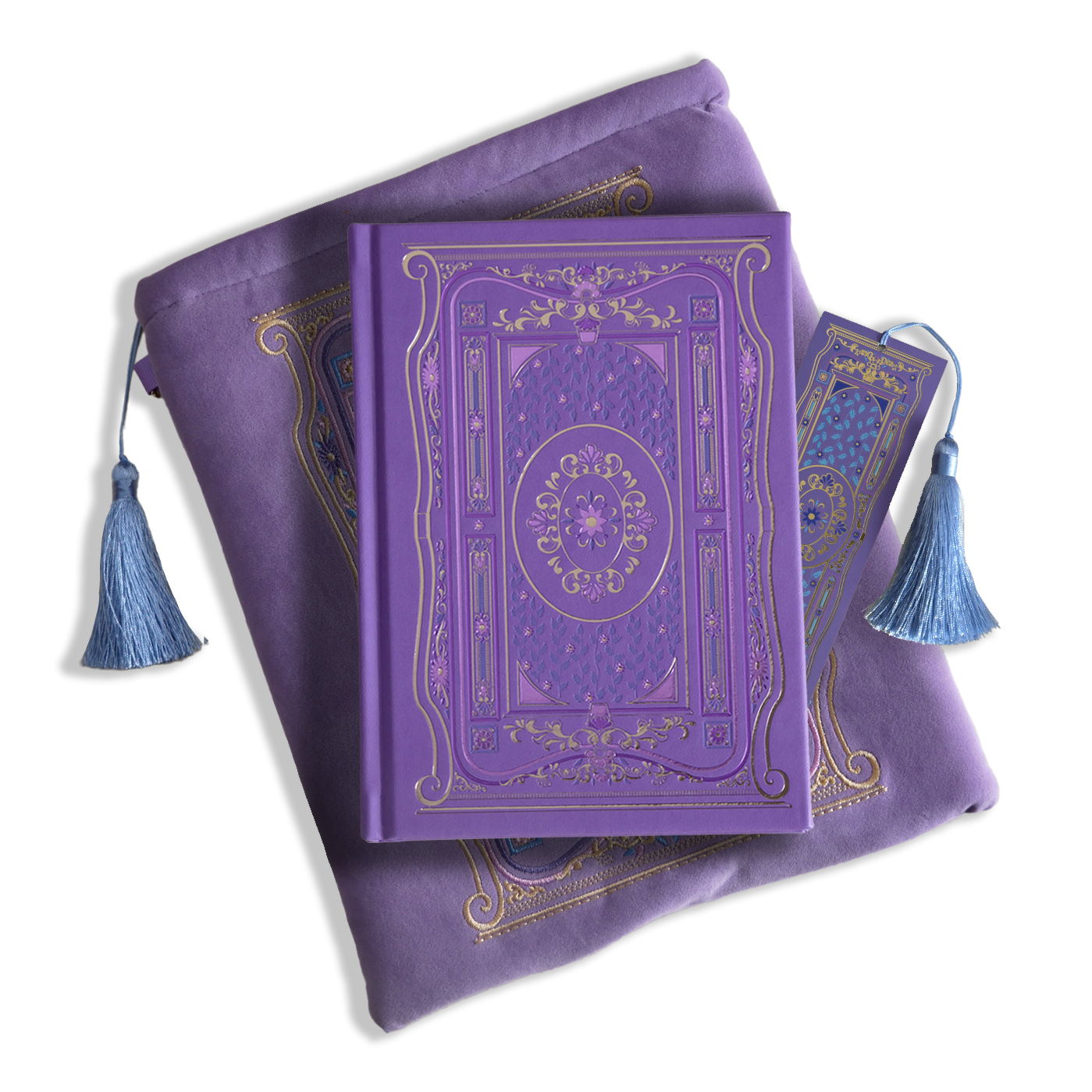 The wisteria journal bundle from the classic book inspired Literati collection. This soft lilac variation includes a book sleeve, journal, pen and bookmark from the collection. All share a slightly Victorian book inspired motif in shades of gold, pink, purple and blue. The foiled journal, pen and bookmark feature intricate gold foiling while the velvet book sleeve is embroidered. The sleeve and bookmark also feature light blue tassels.