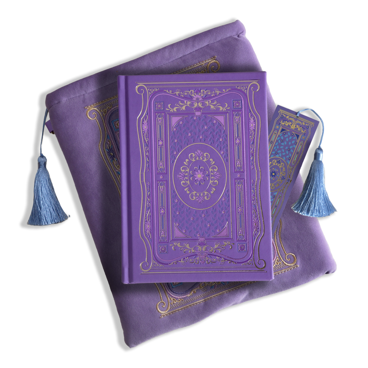 The wisteria journal bundle from the classic book inspired Literati collection. This soft lilac variation includes a book sleeve, journal, pen and bookmark from the collection. All share a slightly Victorian book inspired motif in shades of gold, pink, purple and blue. The foiled journal, pen and bookmark feature intricate gold foiling while the velvet book sleeve is embroidered. The sleeve and bookmark also feature light blue tassels.