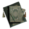 The sage green journal bundle from the classic book inspired Literati collection. This soft green variation includes a book sleeve, journal, pen and bookmark from the collection. All share a slightly Victorian book inspired motif in shades of gold, white and green . The foiled journal, pen and bookmark feature intricate gold foiling while the velvet book sleeve is embroidered. The sleeve and bookmark also feature gold and soft green tassels.