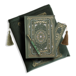 The sage green journal bundle from the classic book inspired Literati collection. This soft green variation includes a book sleeve, journal, pen and bookmark from the collection. All share a slightly Victorian book inspired motif in shades of gold, white and green . The foiled journal, pen and bookmark feature intricate gold foiling while the velvet book sleeve is embroidered. The sleeve and bookmark also feature gold and soft green tassels.