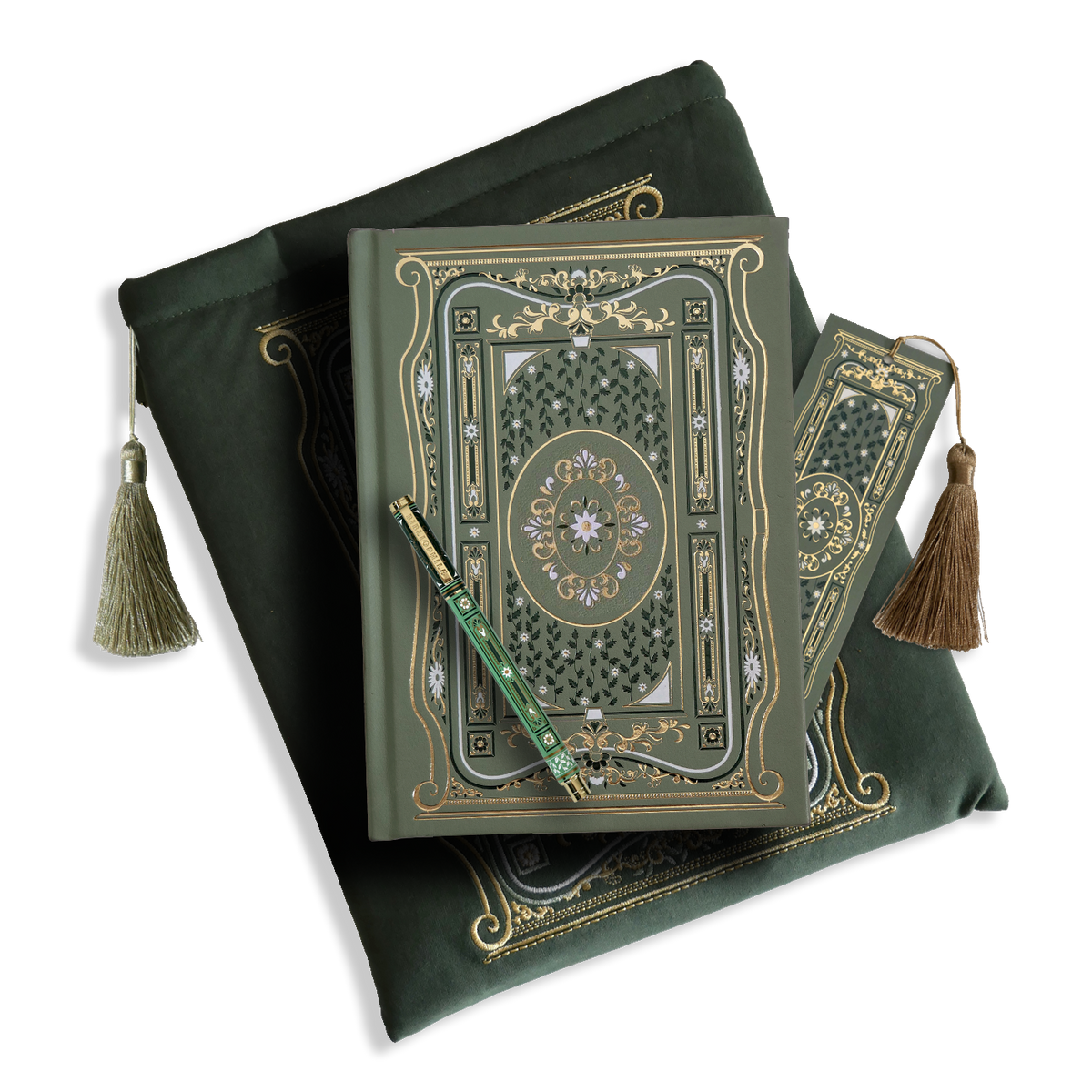 The sage green journal bundle from the classic book inspired Literati collection. This soft green variation includes a book sleeve, journal, pen and bookmark from the collection. All share a slightly Victorian book inspired motif in shades of gold, white and green . The foiled journal, pen and bookmark feature intricate gold foiling while the velvet book sleeve is embroidered. The sleeve and bookmark also feature gold and soft green tassels.