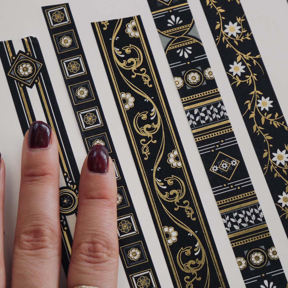  Washi tapes with a black background with white and gold flowers and gold foil