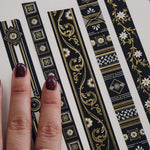  Washi tapes with a black background with white and gold flowers and gold foil