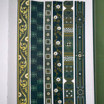 The full set of the Sage green variation of the Literati washi tape by The Quirky Cup Collective. The classic book inspired washi tape designs are shown in strips on a journal page and feature classical book inspired designs and ornamentation in shades of dark green, sage green, white and foiled gold.