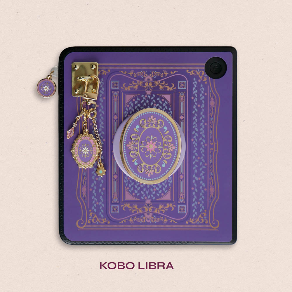 Decorated Kobo Libra with a set of aesthetic ereader accessories that are purple, pink and blue with gold hardware