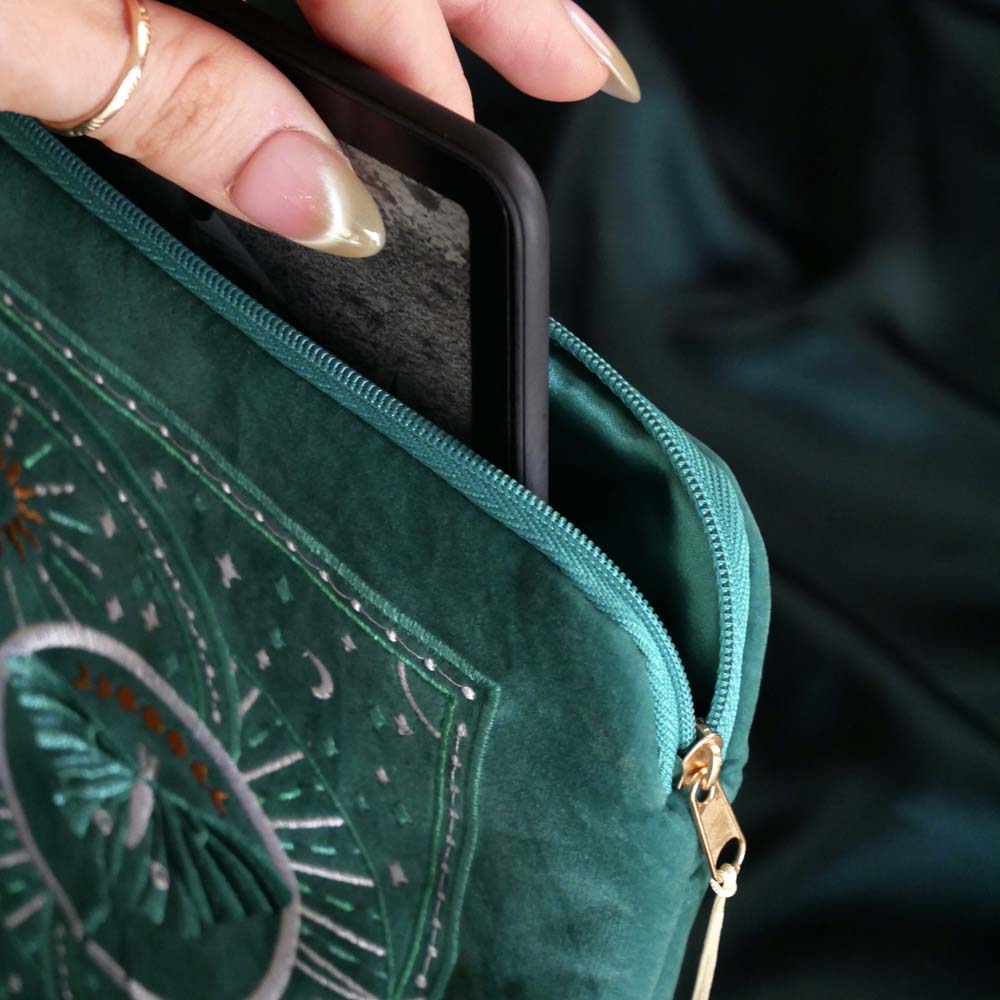 Embroidered Luna moth eReader sleeve in teal with zipper closure, satin lining, wrist strap and back pocket for Kindle or Kobo. Created by The Quirky Cup Collective