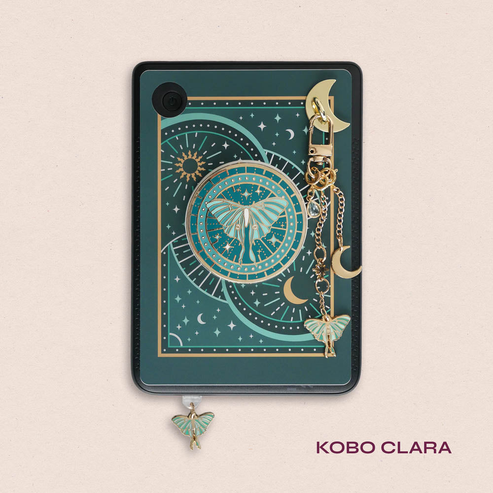 Decorated Kobo Clara with a set of aesthetic ereader accessories. Theme is celestial luna moth and includes a luna moth, celestial elements, sun, moons and stars. Colours are teal, white and gold. 