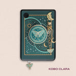 Decorated Kobo Clara with a set of aesthetic ereader accessories. Theme is celestial luna moth and includes a luna moth, celestial elements, sun, moons and stars. Colours are teal, white and gold. 