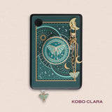 Decorated Kobo Clara with a set of aesthetic ereader accessories. Theme is celestial luna moth and includes a luna moth, celestial elements, sun, moons and stars. Colours are teal, white and gold. 