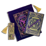 bundle of purple stationery items on a plain background. Items are a book sleeve, journal, pen and bookmark. Design features an hourglass with celestial and botanical inspired design. 