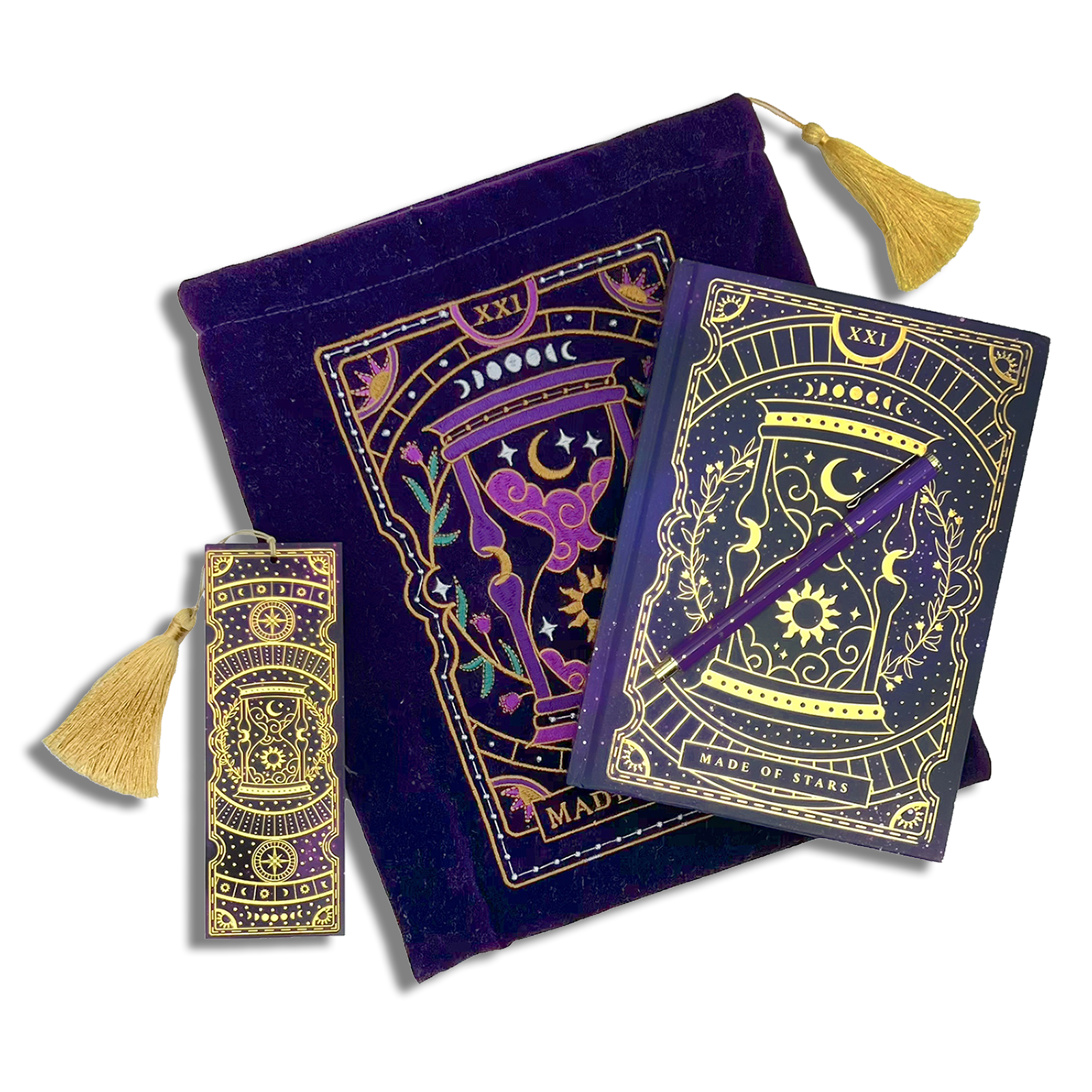 bundle of purple stationery items on a plain background. Items are a book sleeve, journal, pen and bookmark. Design features an hourglass with celestial and botanical inspired design. 