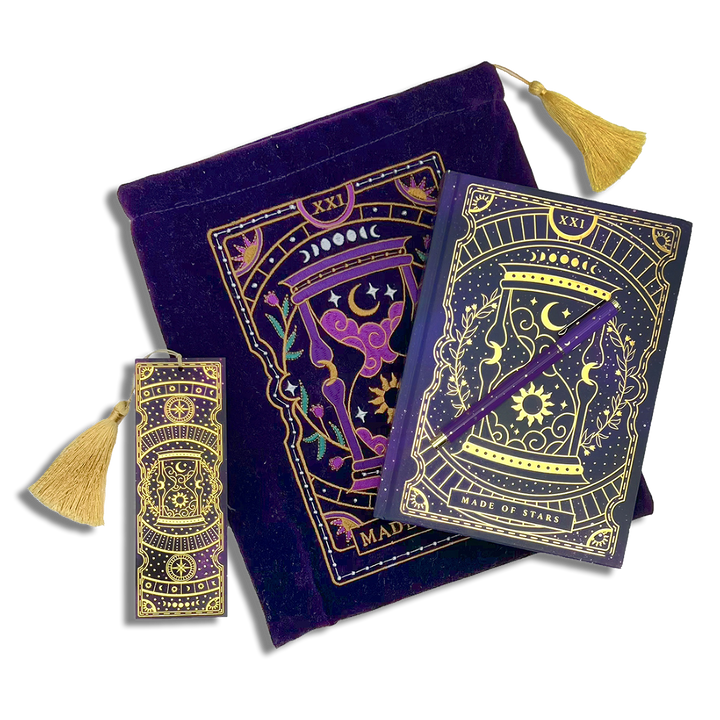 bundle of purple stationery items on a plain background. Items are a book sleeve, journal, pen and bookmark. Design features an hourglass with celestial and botanical inspired design. 