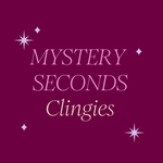 Text 'MYSTERY SECONDS Clingies' on a deep pink background with star decorations.