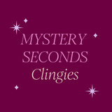 Text 'MYSTERY SECONDS Clingies' on a deep pink background with star decorations.