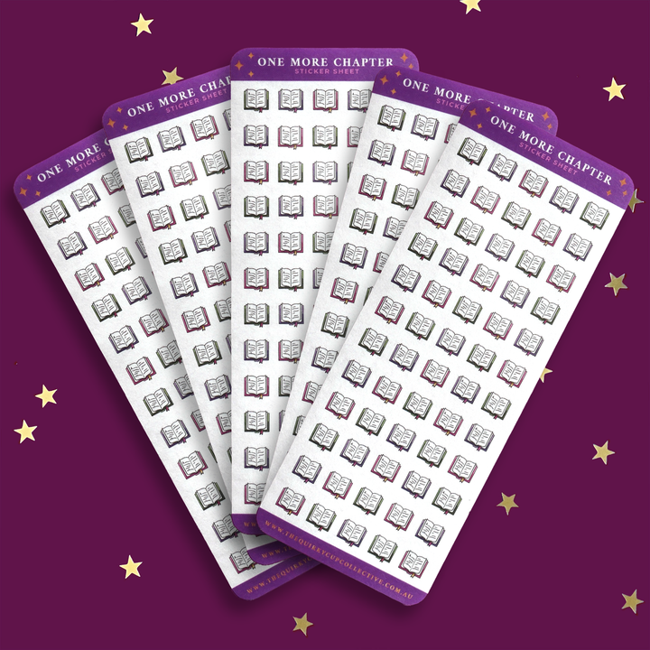 Book sticker sheet with mini book sticker icons. Books appear as open with exposed pages with a bookmark hanging out of the bottom. The stickers include pink, purple and green. Sticker sheets appear on a purple black background with gold stars.