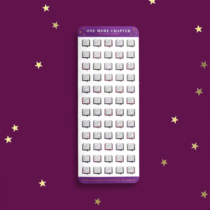 Book sticker sheet with mini book sticker icons. Books appear as open with exposed pages with a bookmark hanging out of the bottom. The stickers include pink, purple and green. Sticker sheets appear on a purple black background with gold stars.
