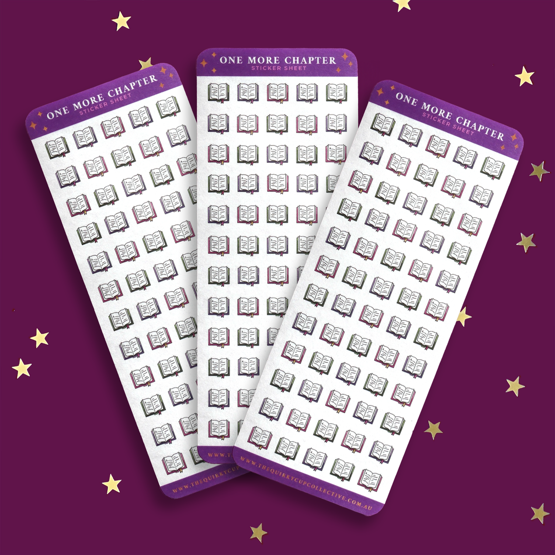 Book sticker sheet with mini book sticker icons. Books appear as open with exposed pages with a bookmark hanging out of the bottom. The stickers include pink, purple and green. Sticker sheets appear on a purple black background with gold stars.